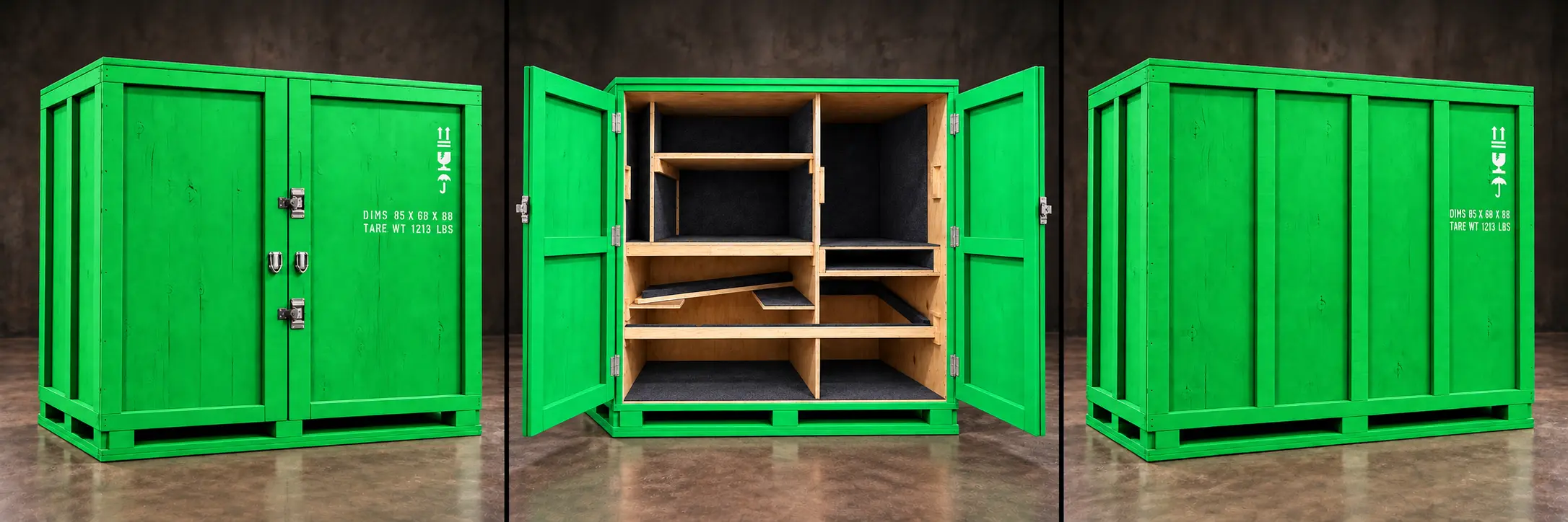 Three views of a custom green trade show crate including closed front, carpet-lined interior and reinforced back
